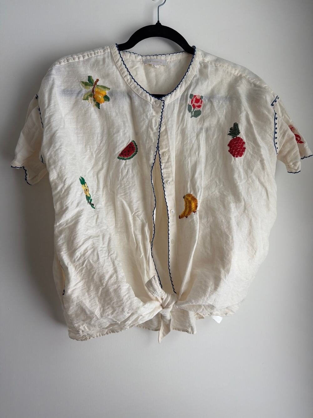 Anthropologie Intropia Linen Blend Fruit Embroidered Tie Front Top XS